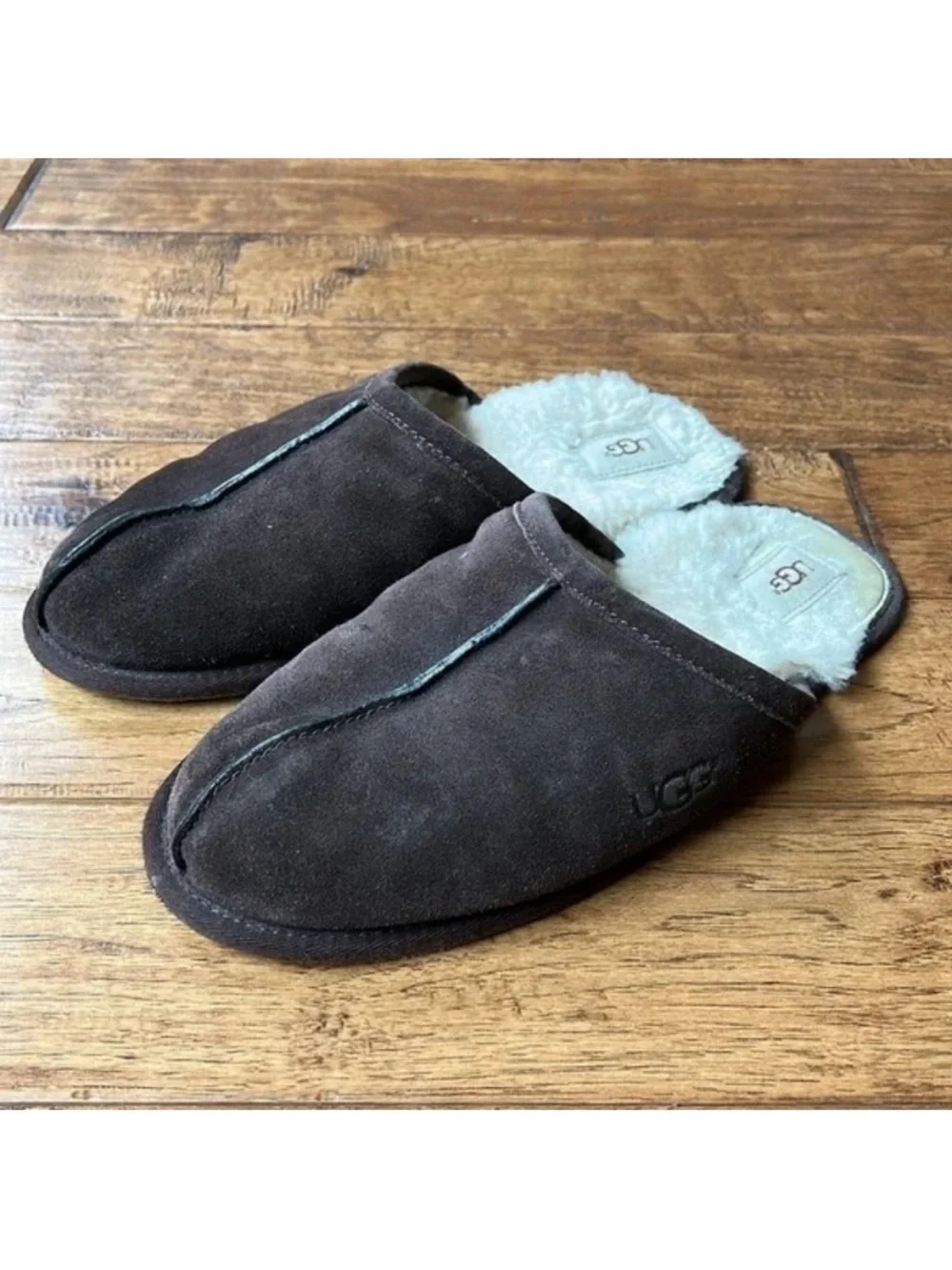 Ugg Scuff Slippers House Shoes Brown Suede Wool Shearling Lined Mens Size 10
